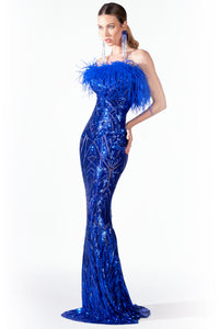 Lili Royal Blue Sequin Feather - Long Dress