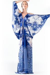 Maidy Chaina White Blue Silk - Long Dress