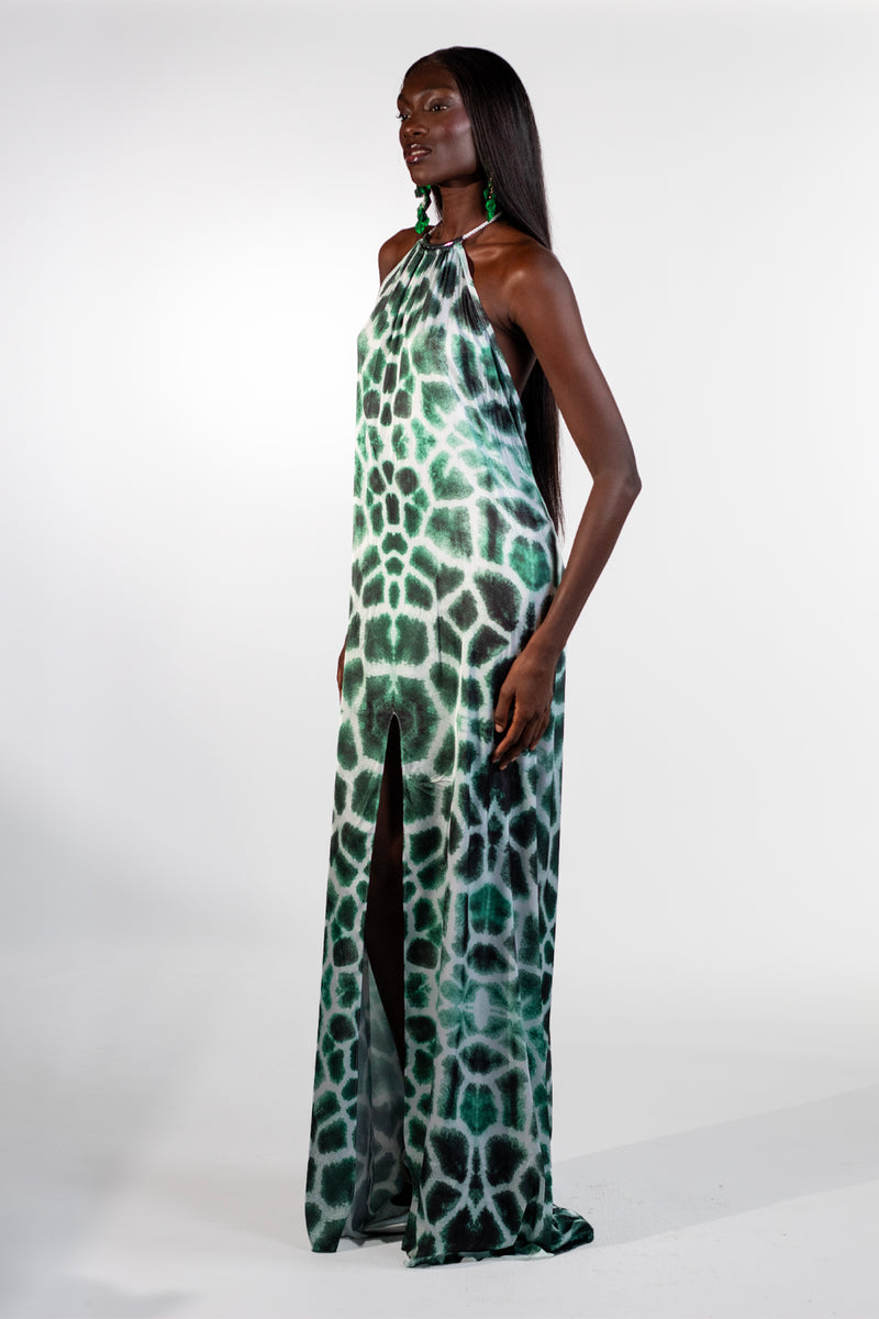 Alessa Green High Neck Giraffe Print Maxi Dress