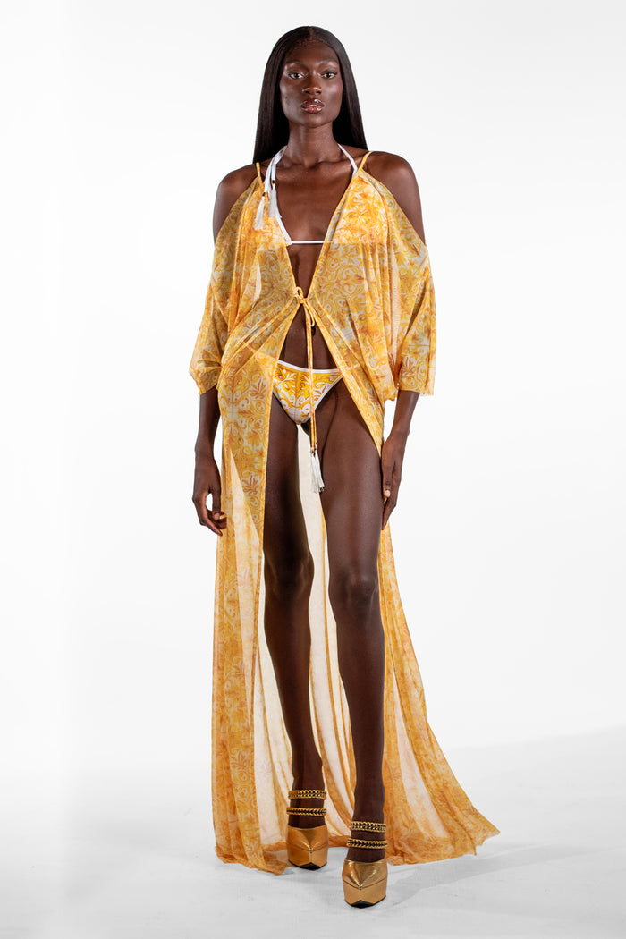 Buda Yellow Batwing Mosaic Print Long Cover-Up