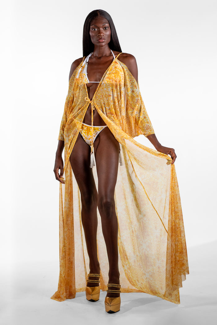 Buda Yellow Batwing Mosaic Print Long Cover-Up