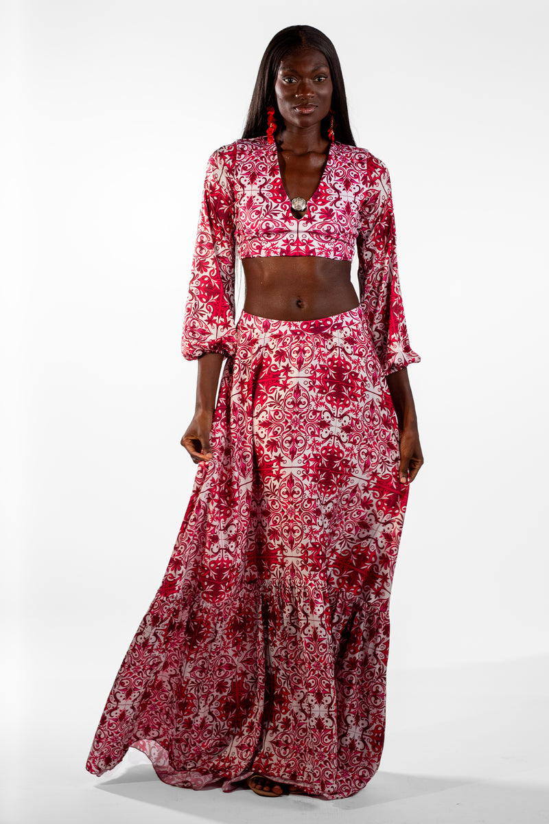 Layris Red Cropped Top Mosaic Print Maxi Skirt