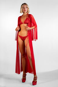 Luz Red Split Sleeve Sheer Long Cover-Up