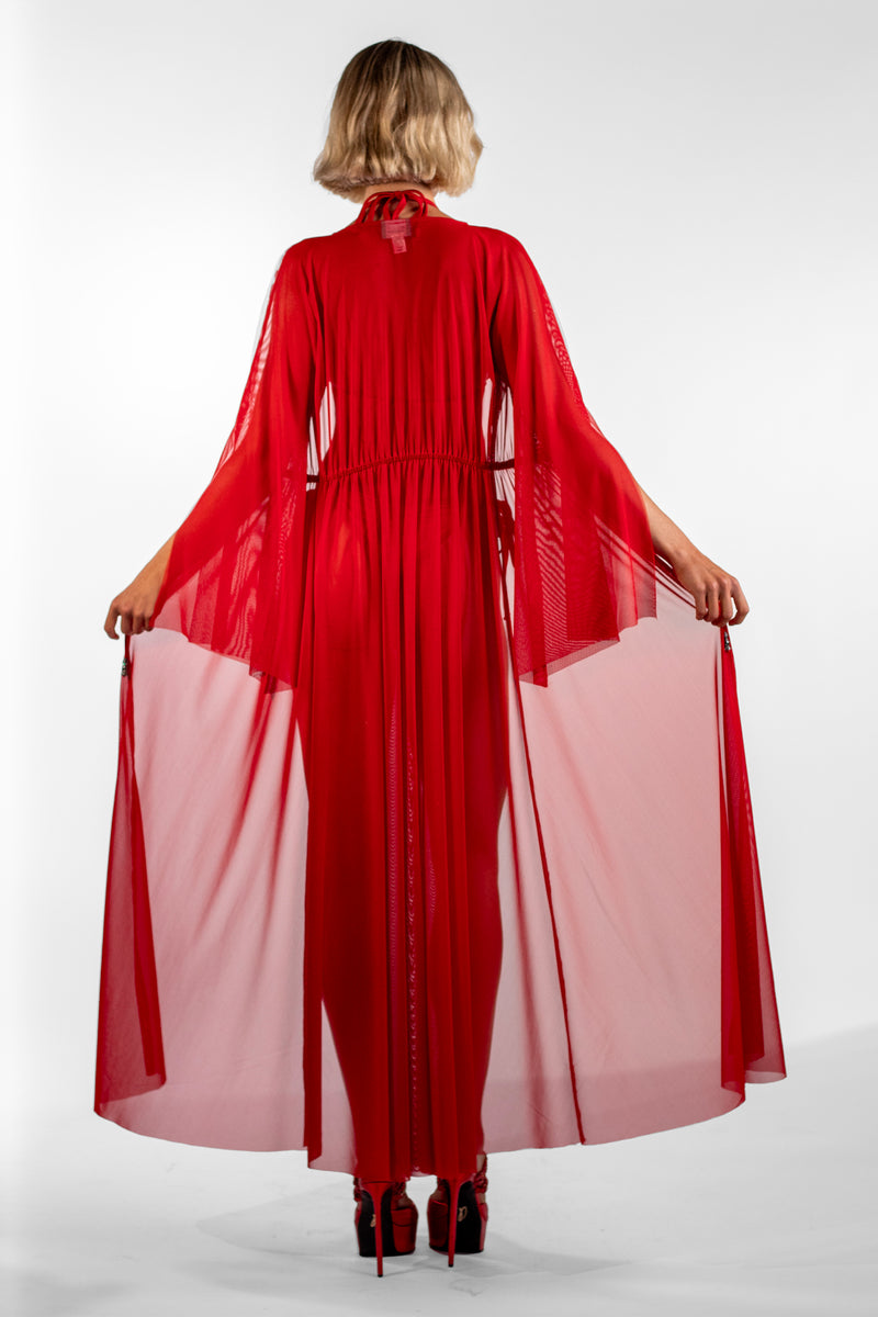 Luz Red Split Sleeve Sheer Long Cover-Up