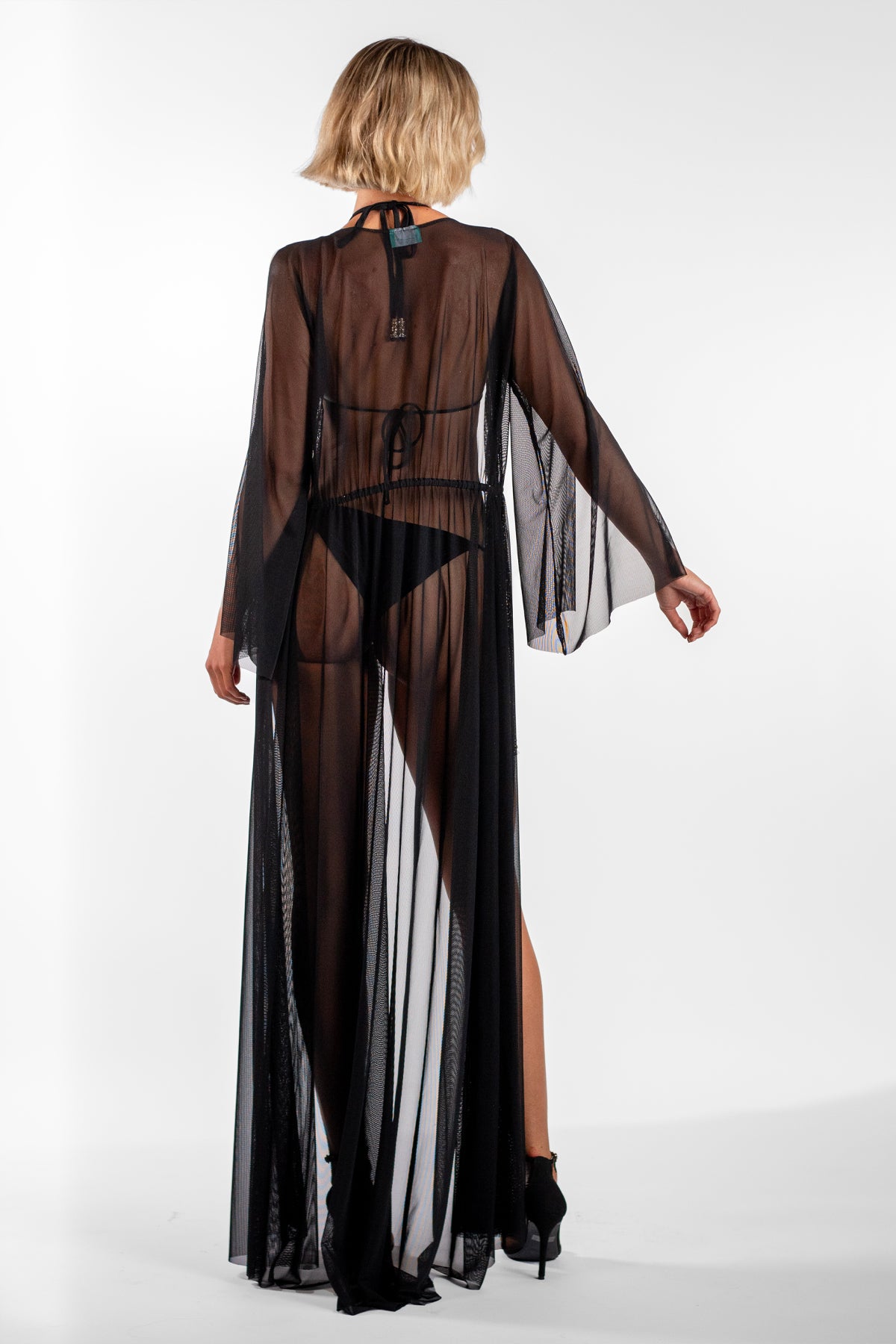 Melanie Black Gold Split Sleeve Sheer Long Cover-Up