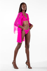 Melanie Hot Pink Split Sleeve Sheer Short Cover-Up