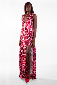 Sofia Red V-Neck Giraffe Print Maxi Dress