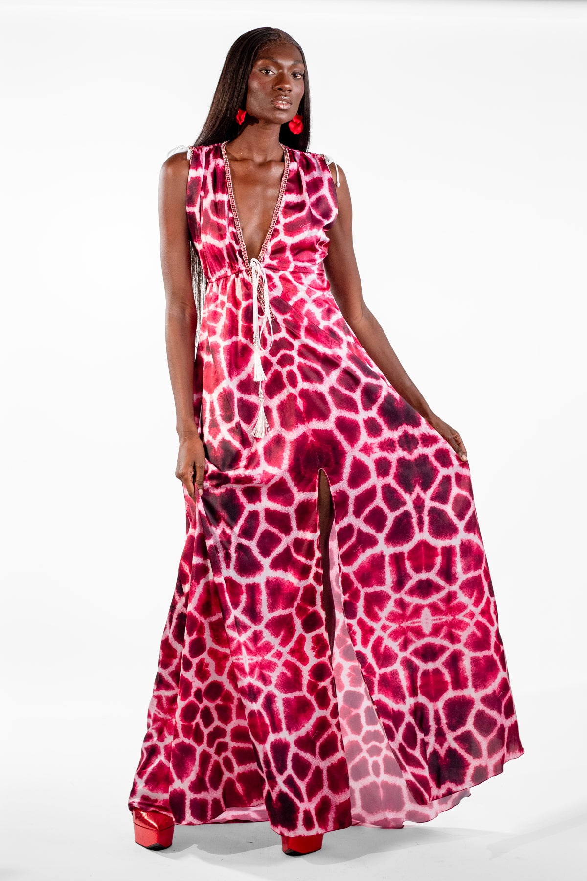 Sofia Red V-Neck Giraffe Print Maxi Dress