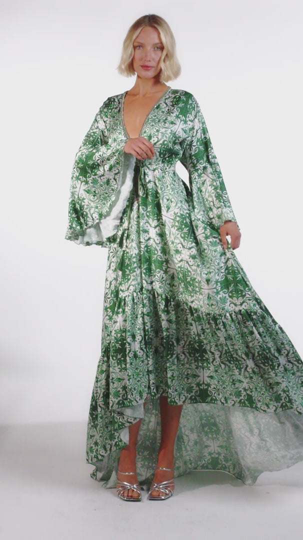 Anna Green Bell Sleeve Mosaic Print Hi Low Dress