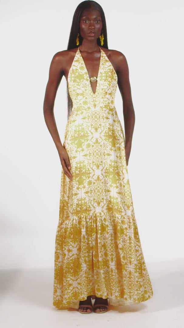 Valeska Yellow V-Neck Mosaic Maxi Dress