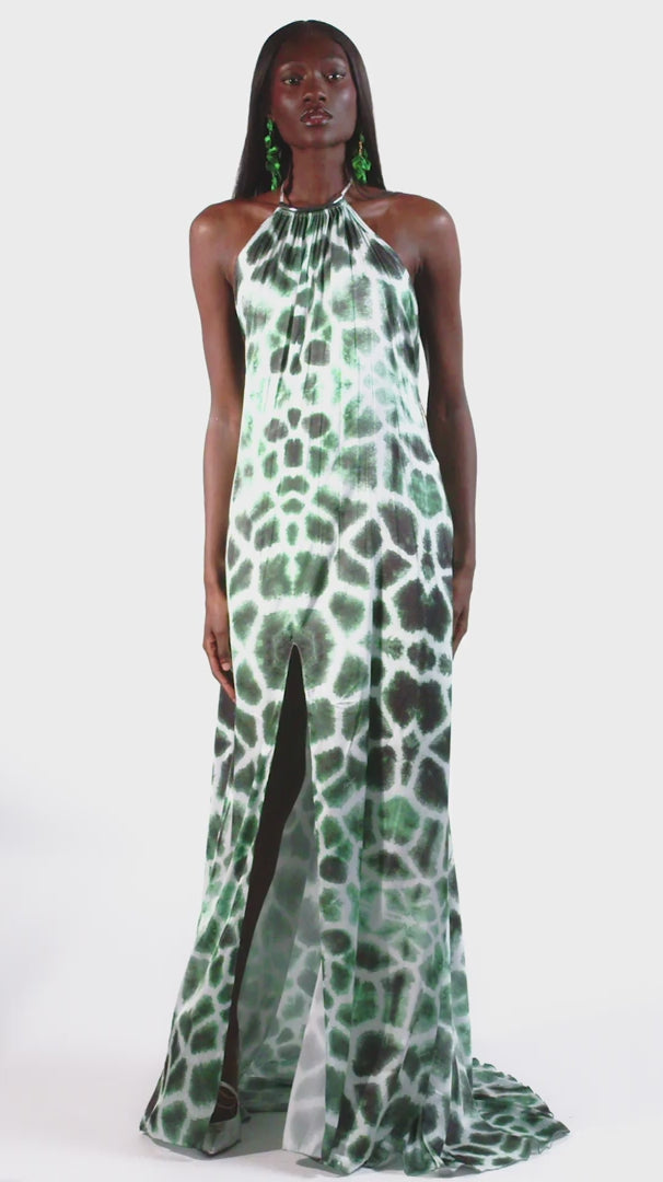 Alessa Green High Neck Giraffe Print Maxi Dress