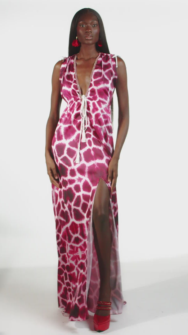 Sofia Red V-Neck Giraffe Print Maxi Dress