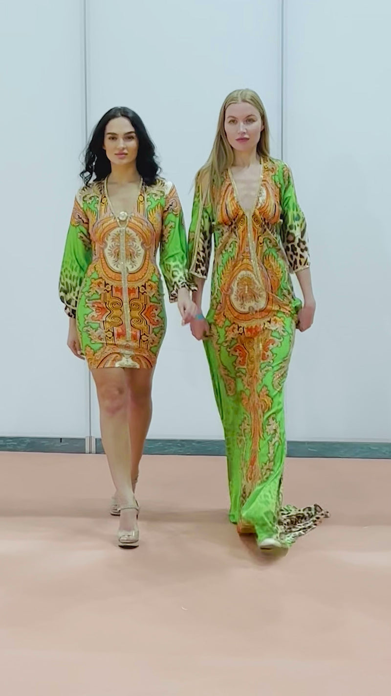 Sheer Orange Green Leopard - Long Dress