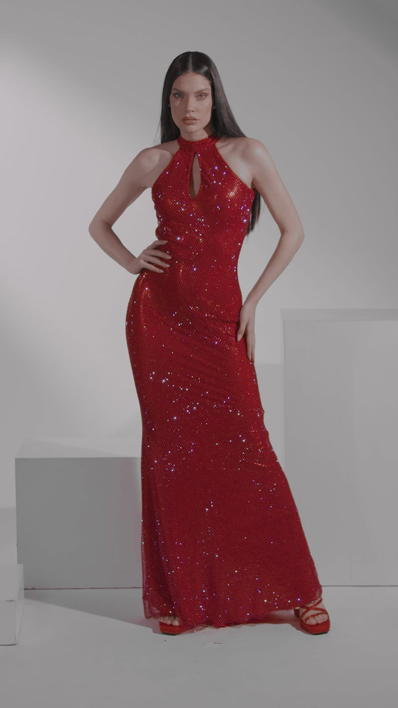 Maira Crystal Mesh Red Long Dress