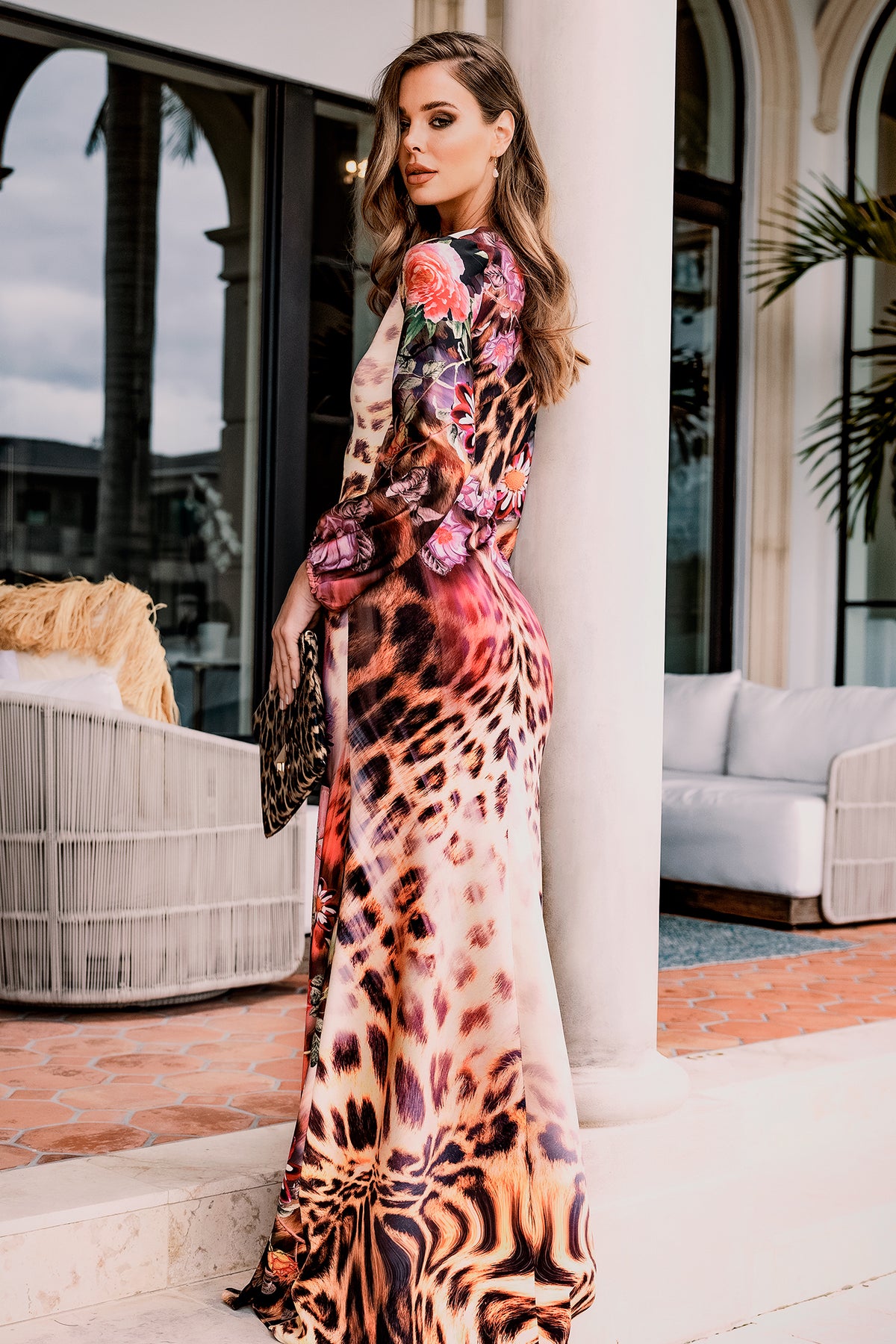 Angelina long sleeve leopard flowers scuba silk - Long Dress