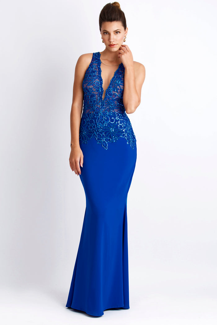 Alitze Navy Blue Jersey Gowns - Long Dress - BACCIO Couture