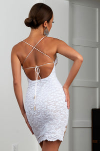 Channy Stretch Lace White Gold Short Cocktail Dress - BACCIO Couture