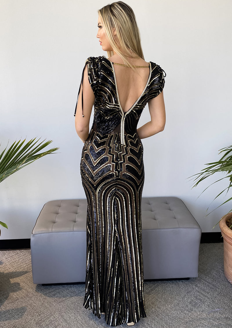 Fabiola Sequin Long Black Gold Lines