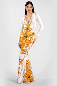 Genova Printed Long Dress White Gold Chains