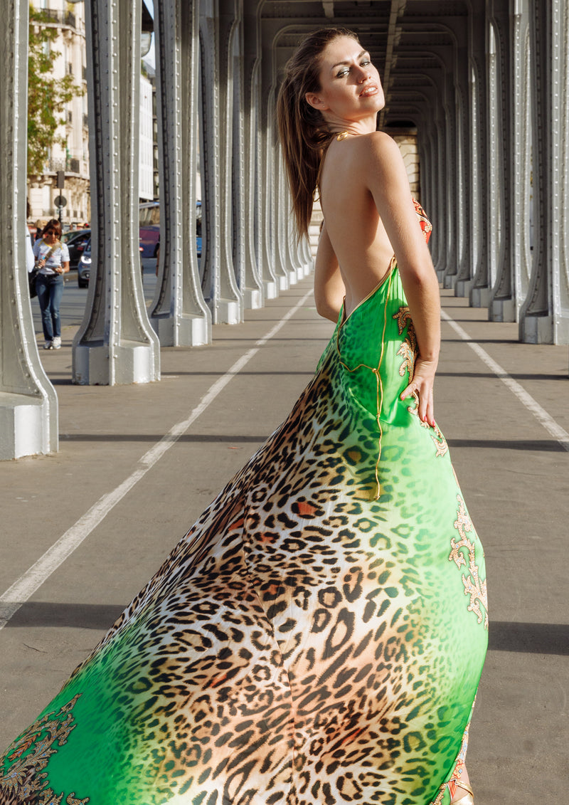 Lizi Long Dress Orange Green Leopard