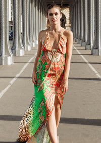 Lizi Orange Green Leopard - Long Dress