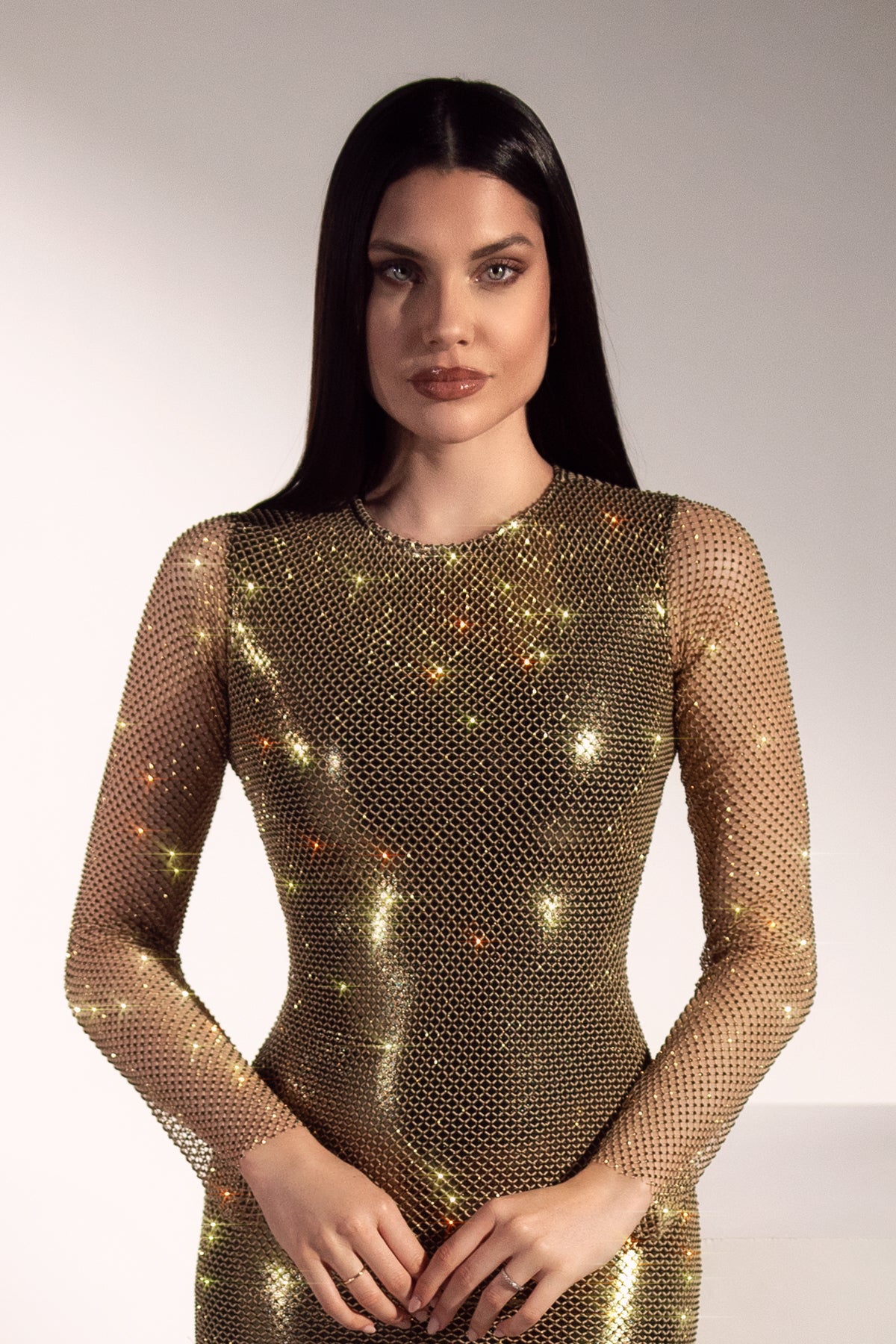 Mell Crystal Mesh Gold Short Dress