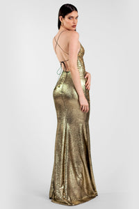 Praga Painted Long Dress Metallic Gold