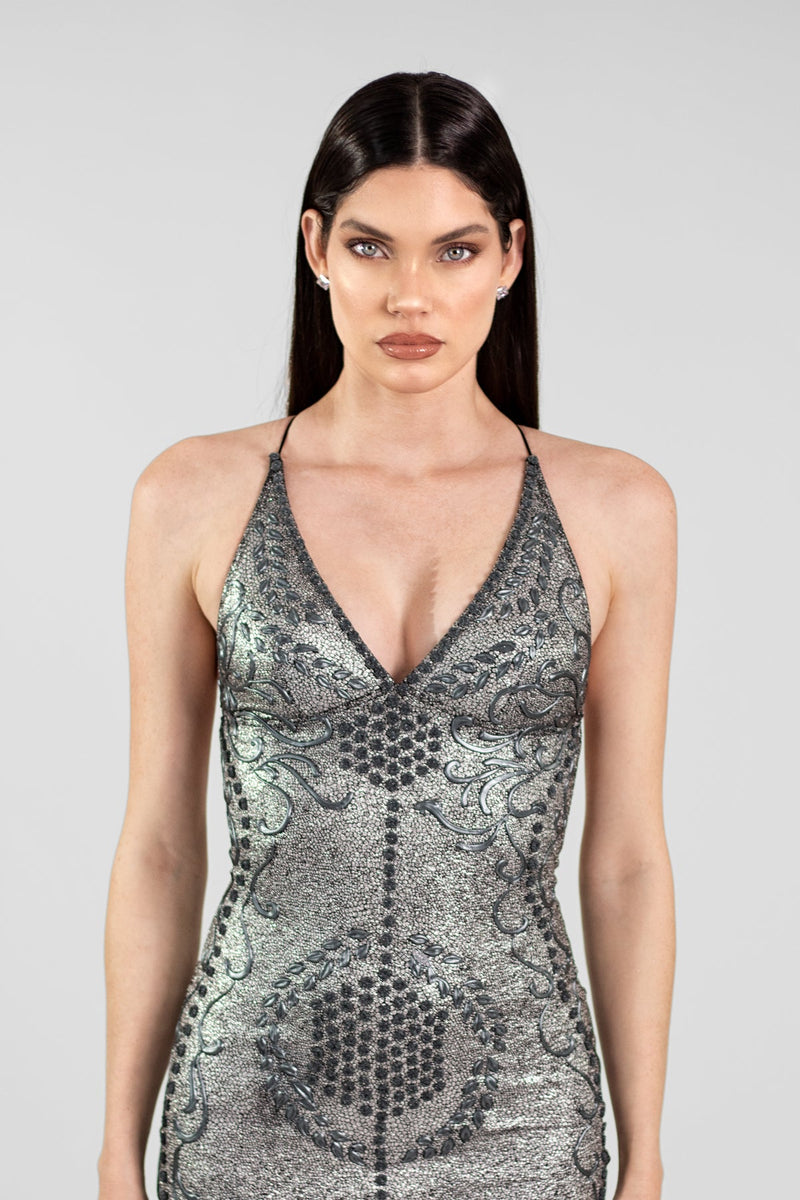 Praga Hand Painted Short Dress Metallic Grey