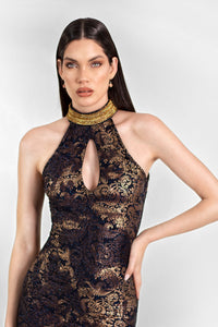 Roma Neck Crystal Short Dress Black Gold