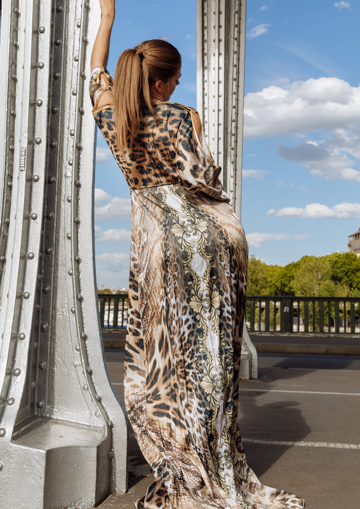 Sheer Long Dress Brown Snake Leopard