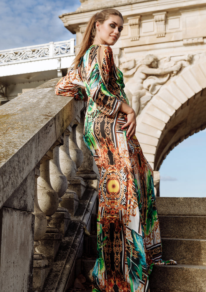 Sheer Long Dress Green Leaves