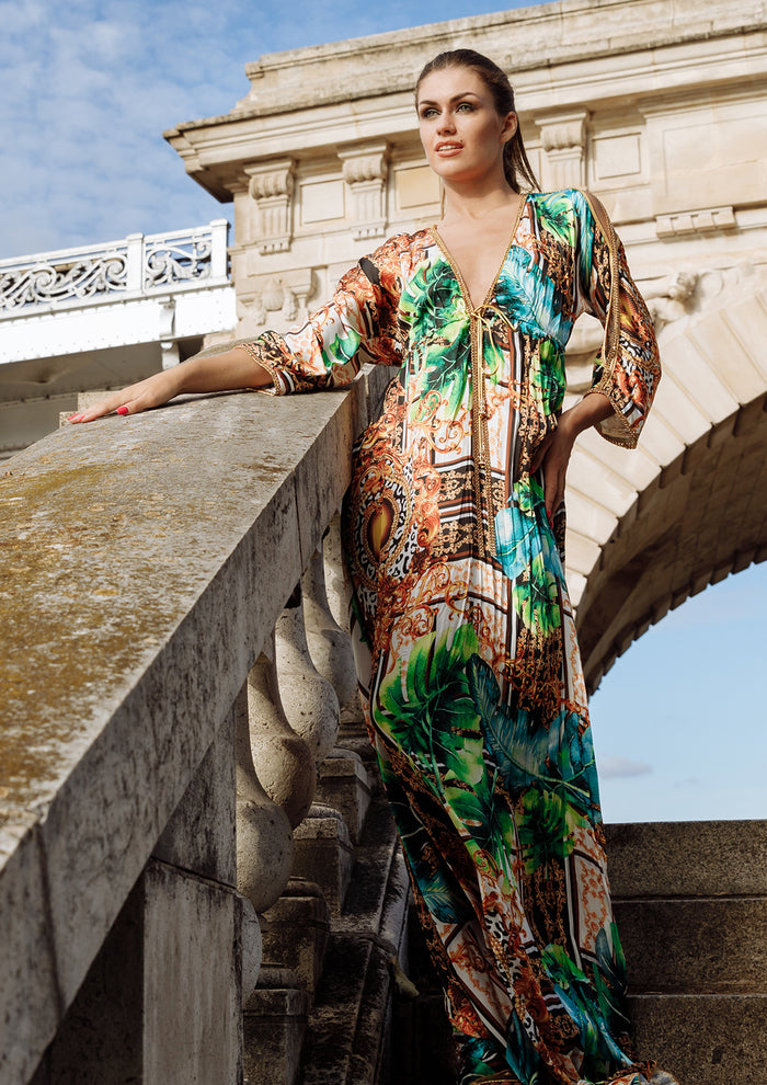 Sheer Long Dress Green Leaves