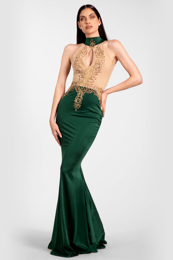 Viena Hand Painted Long Dress Green Nude