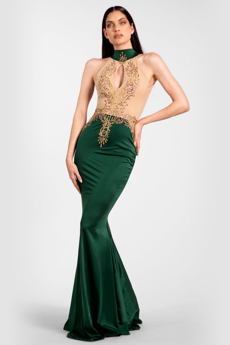 Viena Hand Painted Long Dress Green Nude