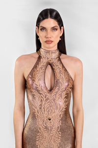 Viena Painted Long Dress Metallic Rose Gold